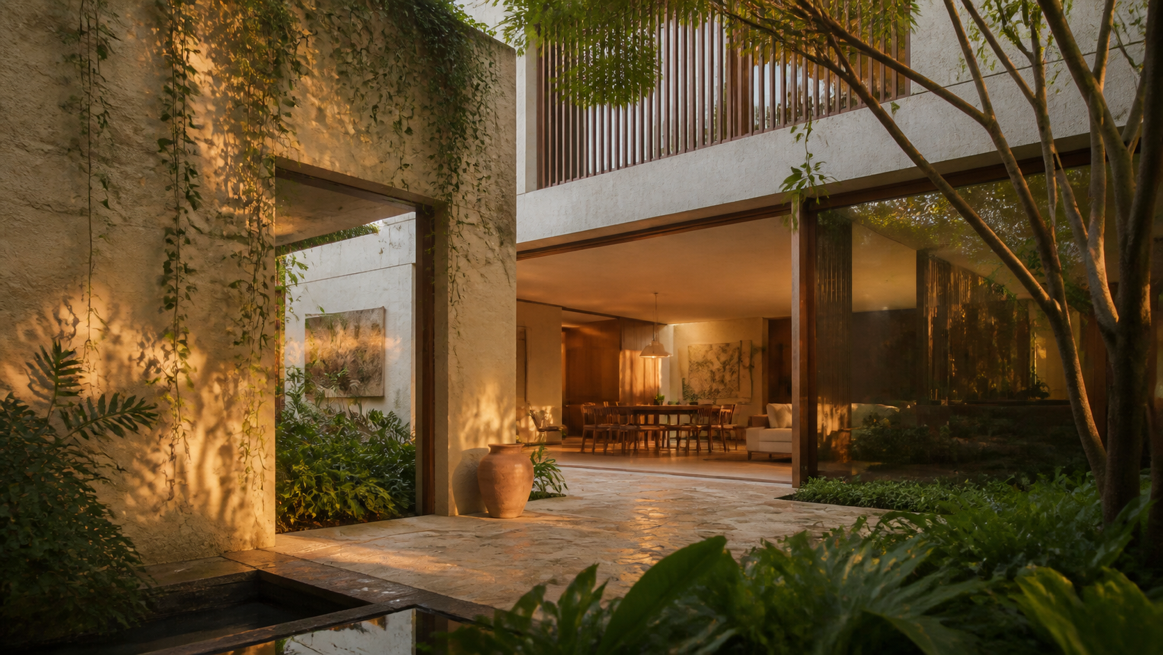 Residência contemporânea cercada por vegetação